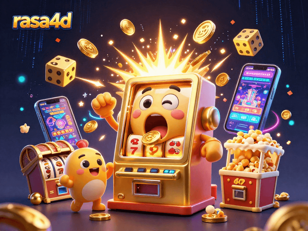 Rasa4d menghadirkan mesin slot kartun emas yang terkejut saat jackpot mengalirkan koin.