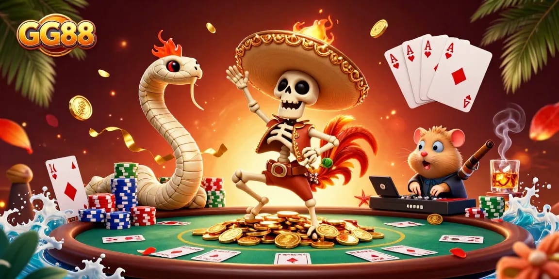 Experience GG88's vibrant casino atmosphere with party-like characters celebrating amidst thrilling poker elements.