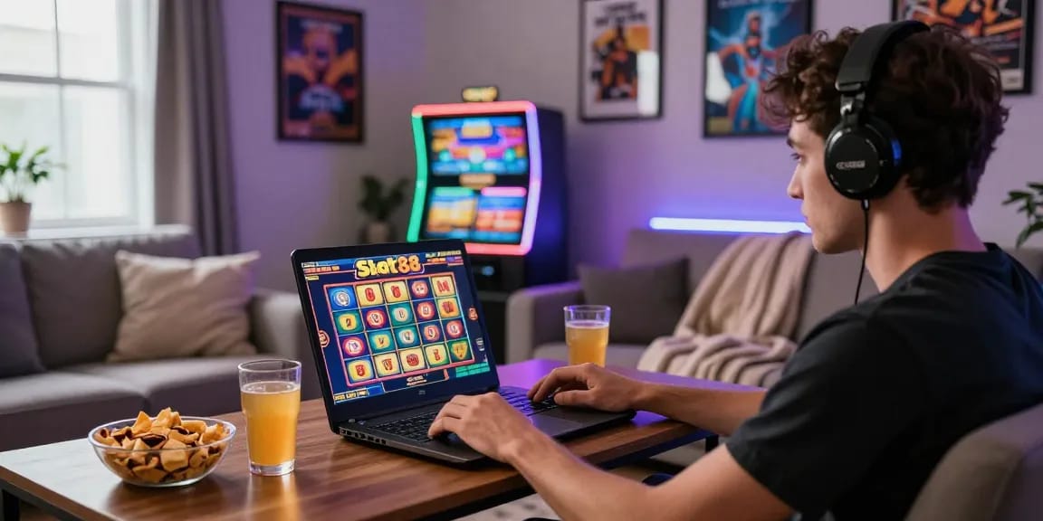 Pengguna bermain slot88 di laptop dengan suasana ceria di ruang tamu.