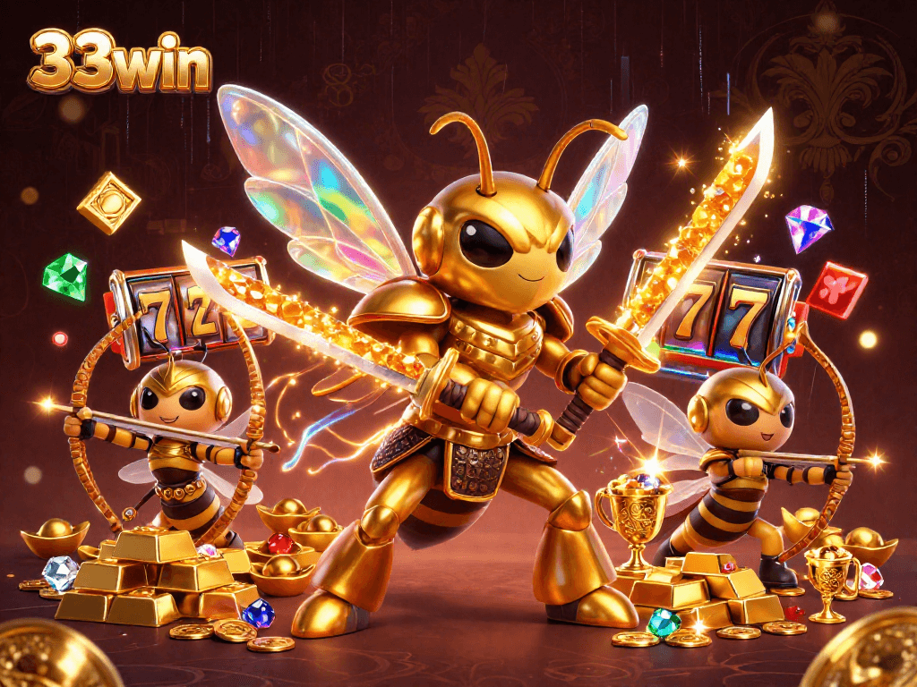 Engage with 33win's vibrant casino scene featuring a golden samurai hornet and a wealth of treasures.