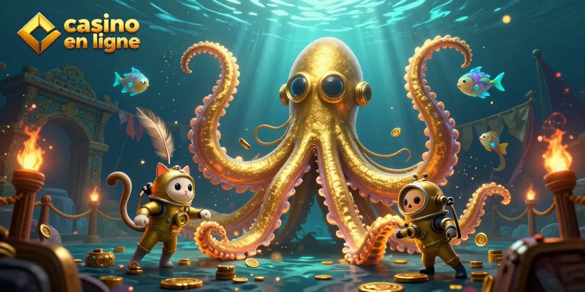 Jouer sur un casino en ligne avec un kraken, un chat plongeur et des poissons lumineux.