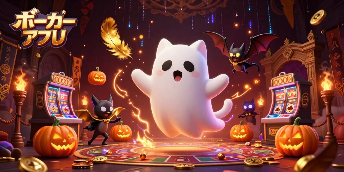 ポーカーアプリで友達と一緒にハロウィンカジノの冒険を楽しむ様子