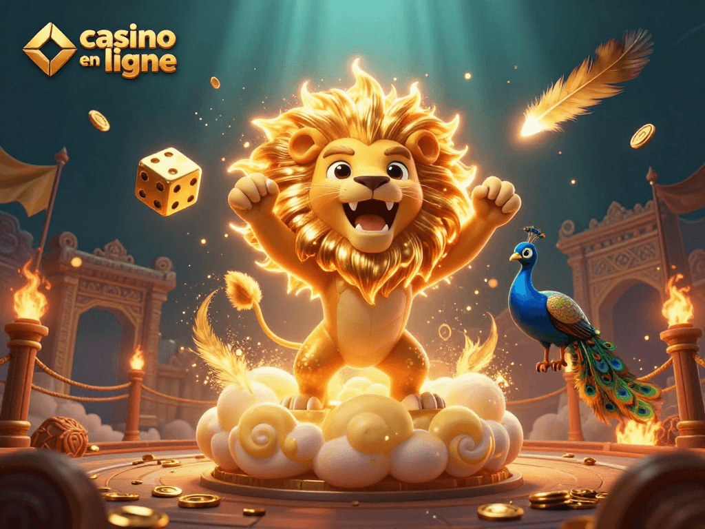 Visitez le casino en ligne avec le lion solaire et les dés dorés dans un univers chatoyant.