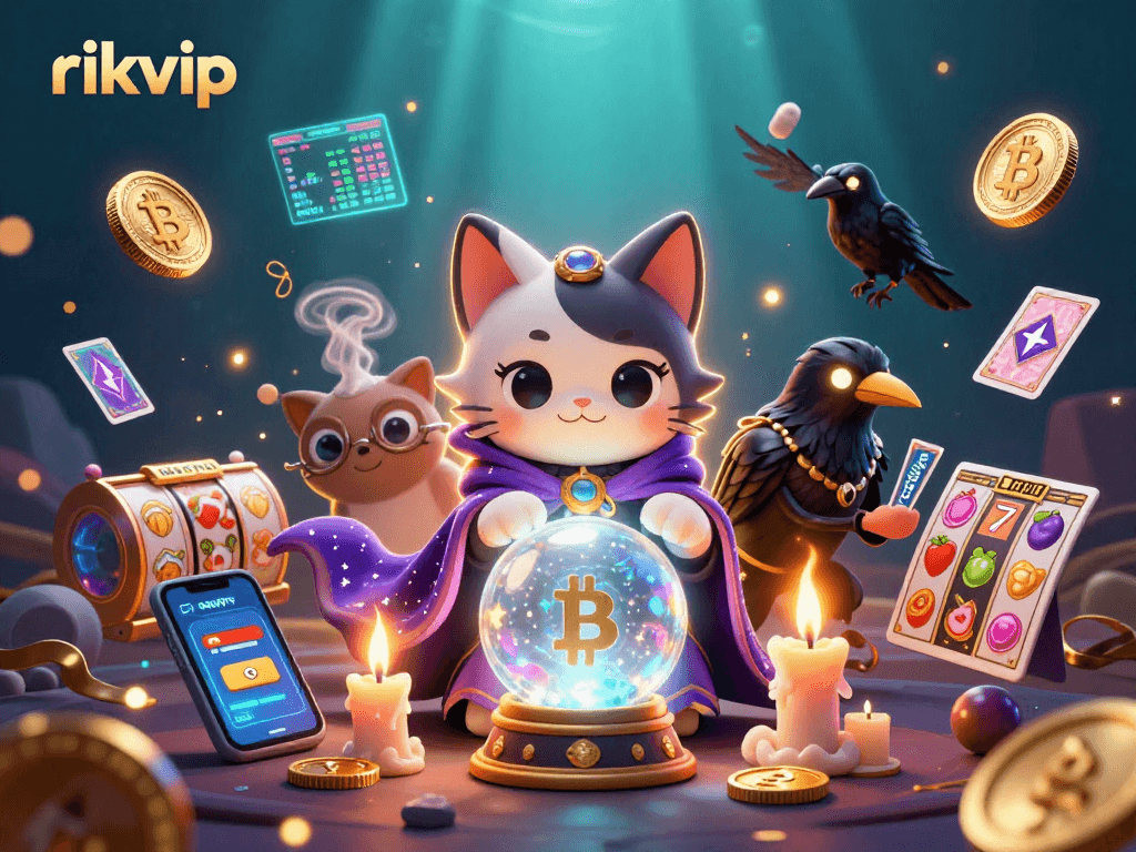 Experience the mystical world of rikvip with a cartoon fortune teller cat and Tarot-dealing raven surrounded by slot game elements.