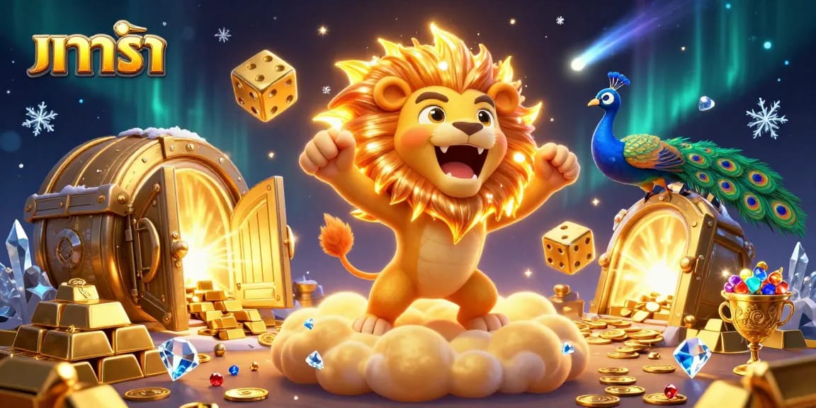 Experience thrilling baccarat gameplay as the king lion roars amid dazzling treasures and golden dice.