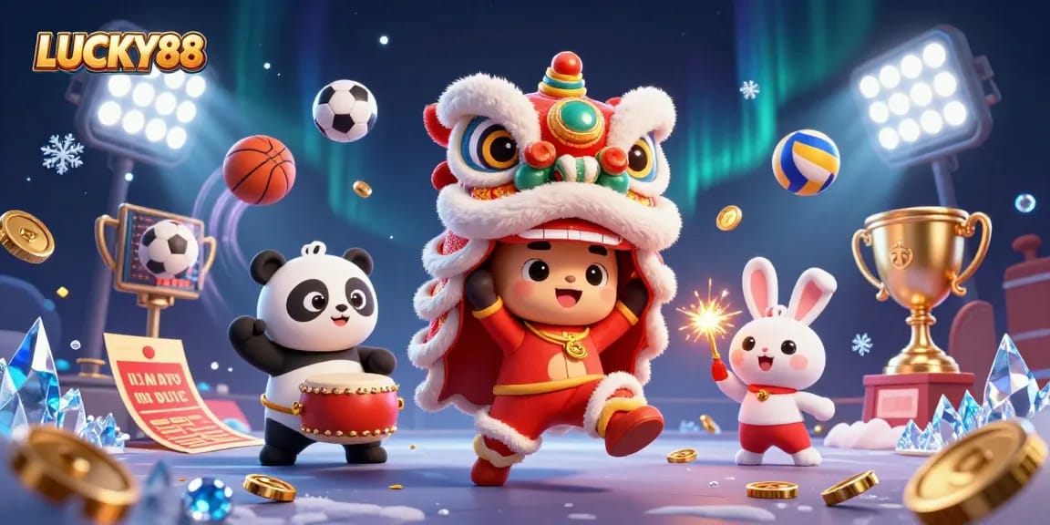 Experience thrilling gaming at LUCKY88 with festive characters and vibrant casino elements.