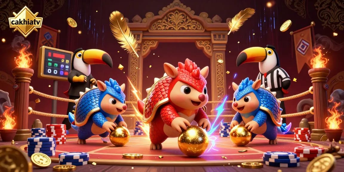 Cakhiatv features dynamic pangolins bowling through poker chips in a vibrant 3D casino scene.