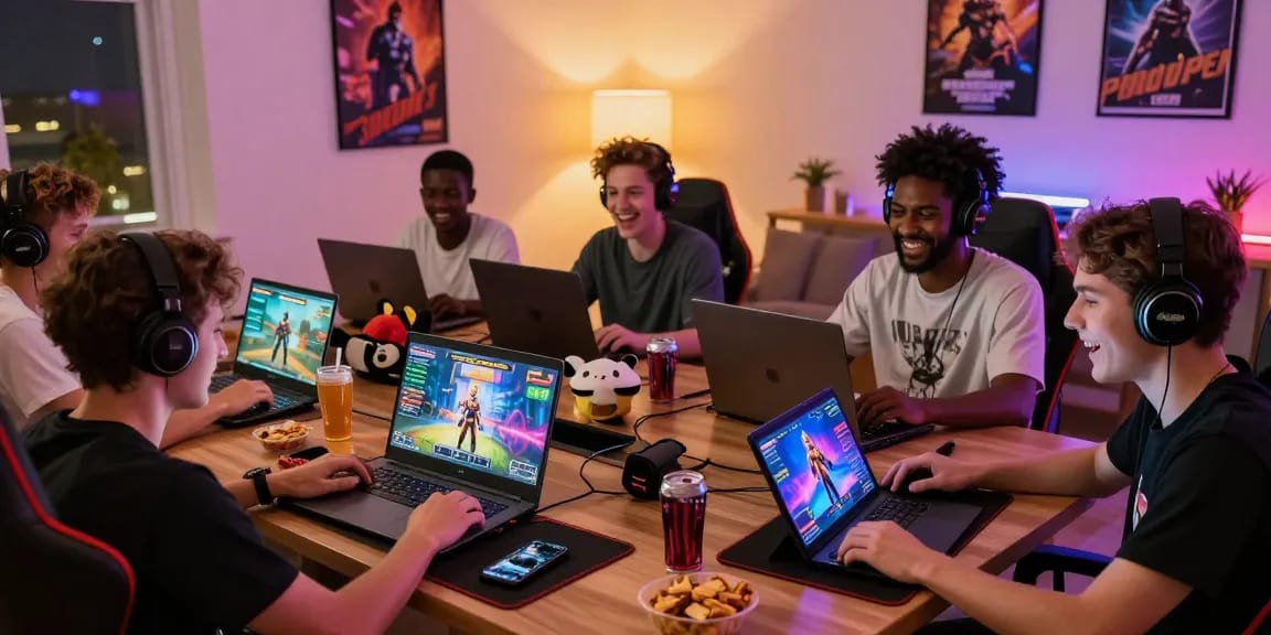 Engaging scene of players enjoying a porn game on devices in a cozy urban apartment, showcasing vibrant graphics and lively atmosphere.