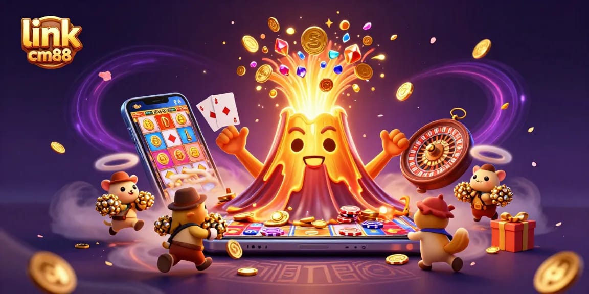 Experience thrilling gameplay with link cm88, where a golden volcano erupts treasures amidst whimsical characters.