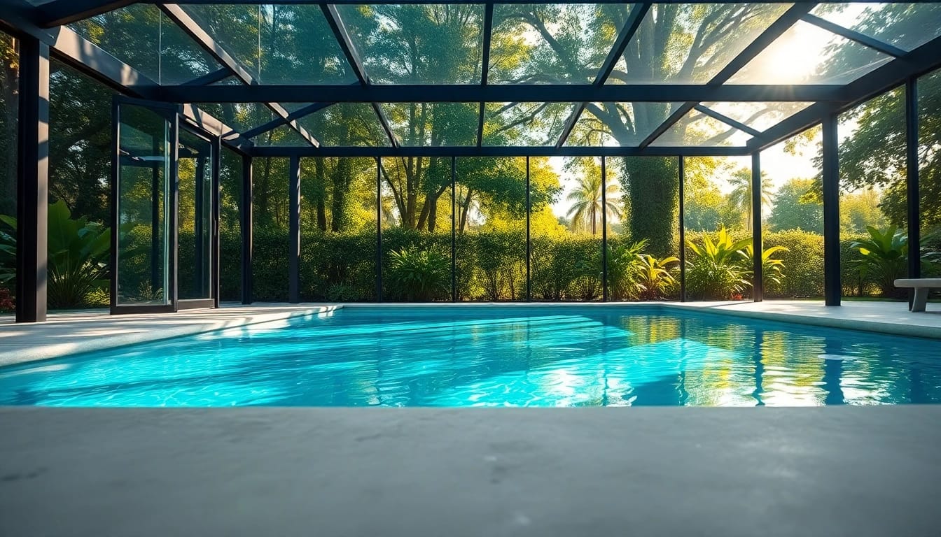 Showcasing a modern pool enclosure with sleek glass panels in a beautiful backyard.
