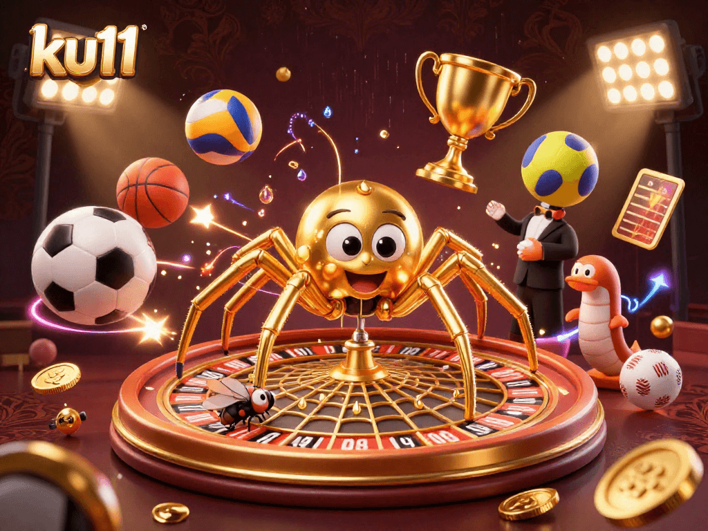 Experience thrilling bets at ku11 with a golden spider, roulette, and sports elements.