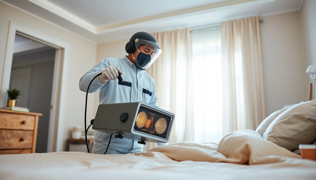 Technician performing bed bug heat treatment in a bright, cozy bedroom.