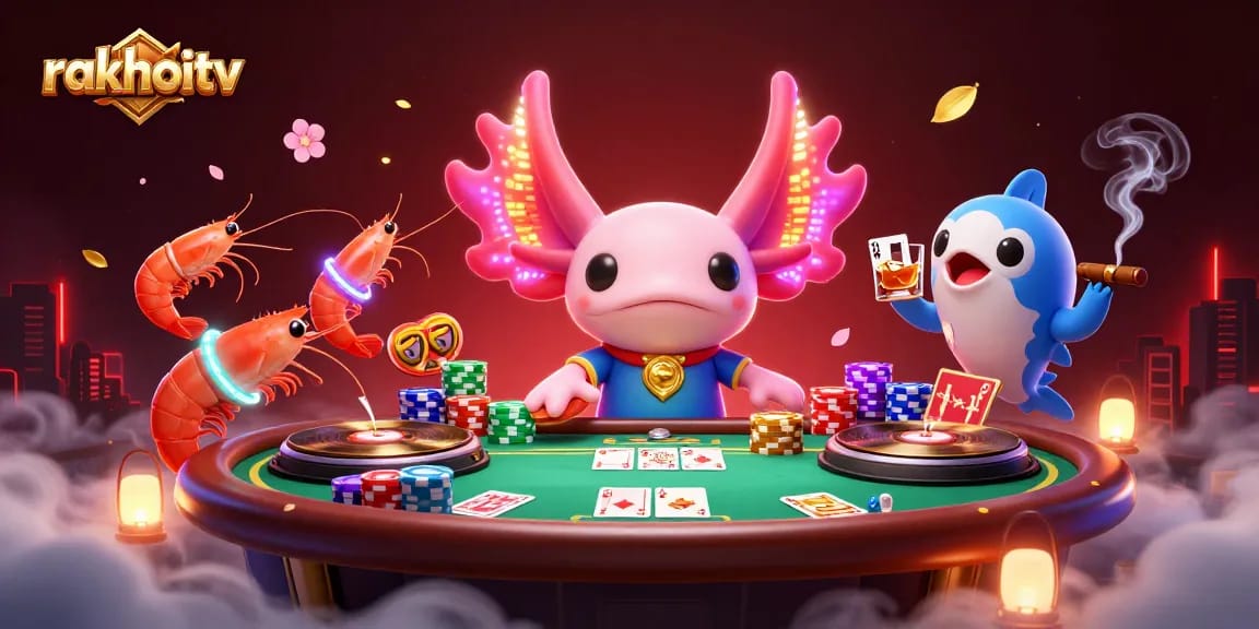 Experience the thrill of rakhoitv with vibrant casino energy featuring a neon axolotl DJ and lively shrimp dancers.