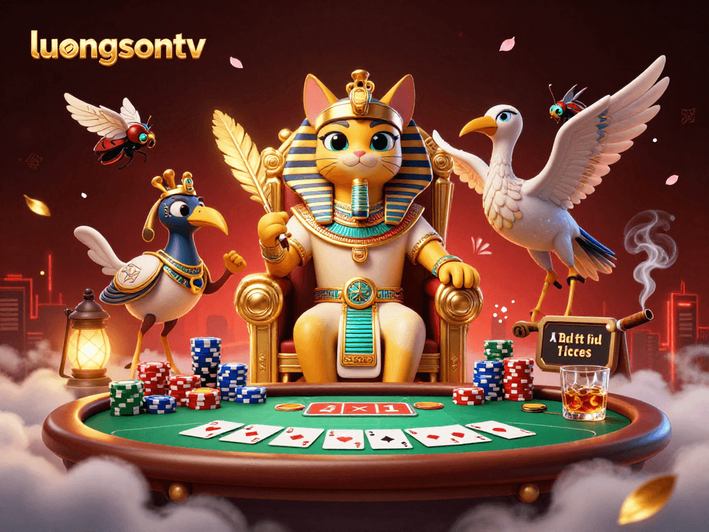 Experience thrilling poker action with luongsontv featuring pharaoh cat, chips, and cards.