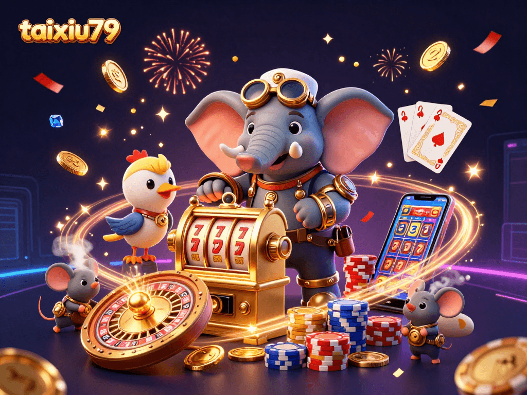 Engage with taixiu79's thrilling gameplay in a vibrant 3D casino scene featuring steampunk elements.