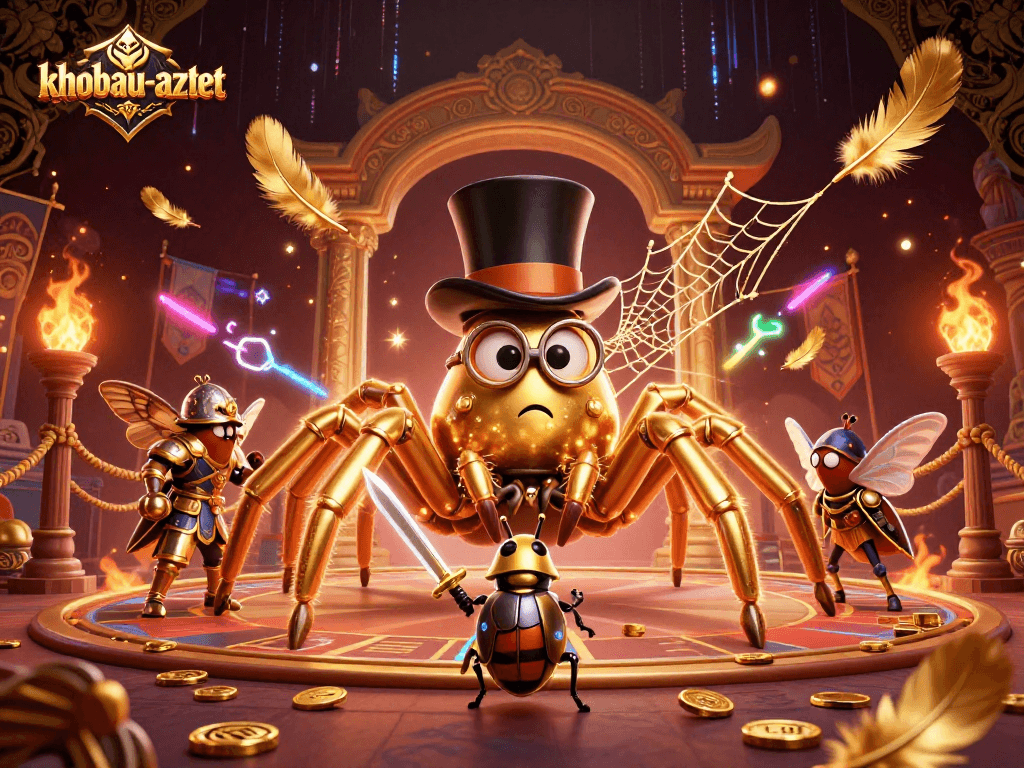 Engage with khobau-aztec in this vibrant 3D casino scene featuring mystical characters and golden treasures.