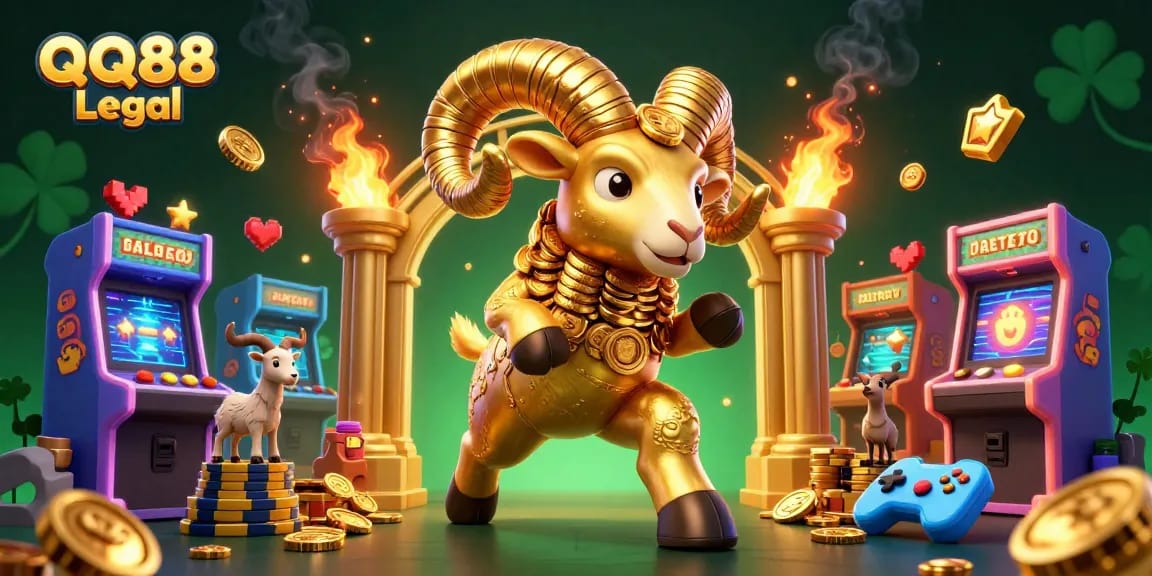 Experience thrilling gameplay with QQ88 Legal, featuring a golden ram charging with vibrant gaming elements.