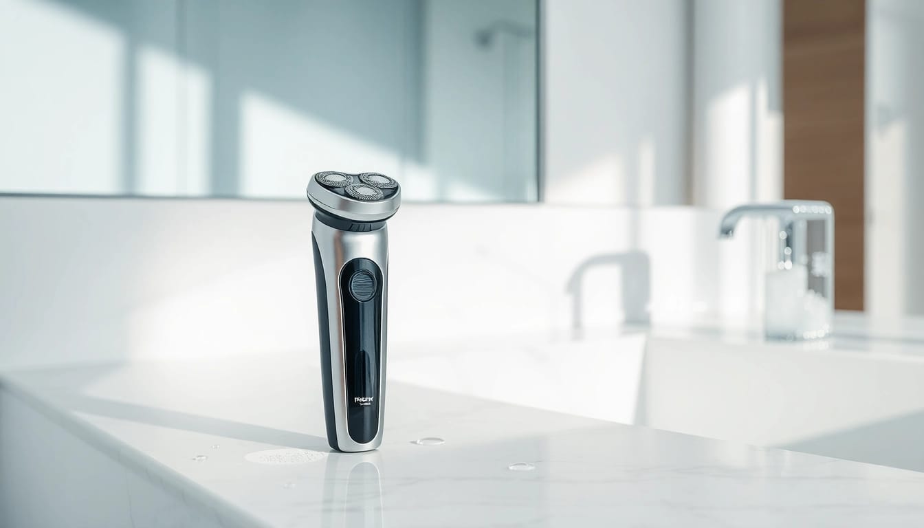 Men using electric shaver for close shave in a bright bathroom setting.