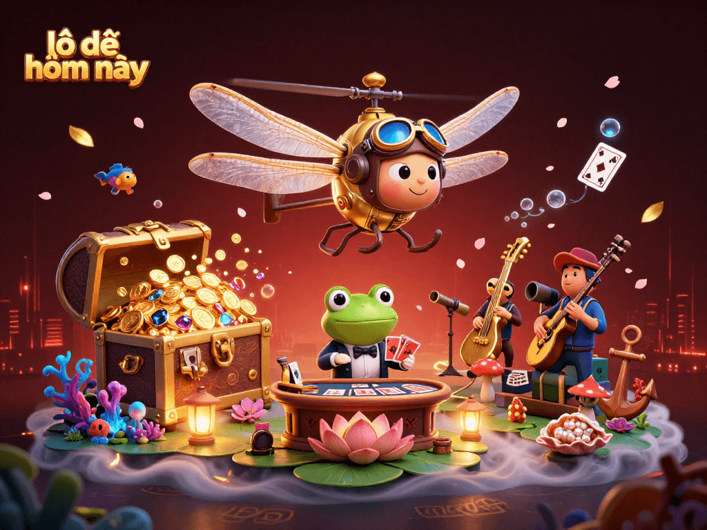 Experience lô đề hôm nay with vibrant casino elements and lively characters in this 3D illustration.