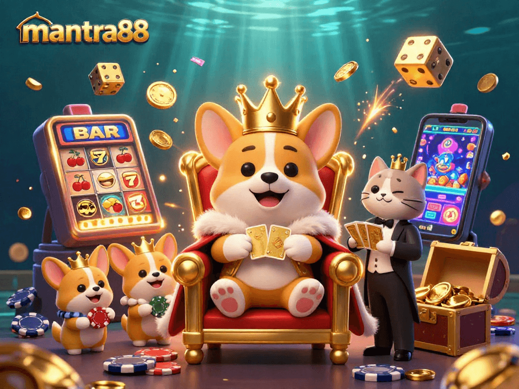 Experience the thrilling world of mantra88 with a vibrant casino scene featuring royal corgis and sparkling jackpots.