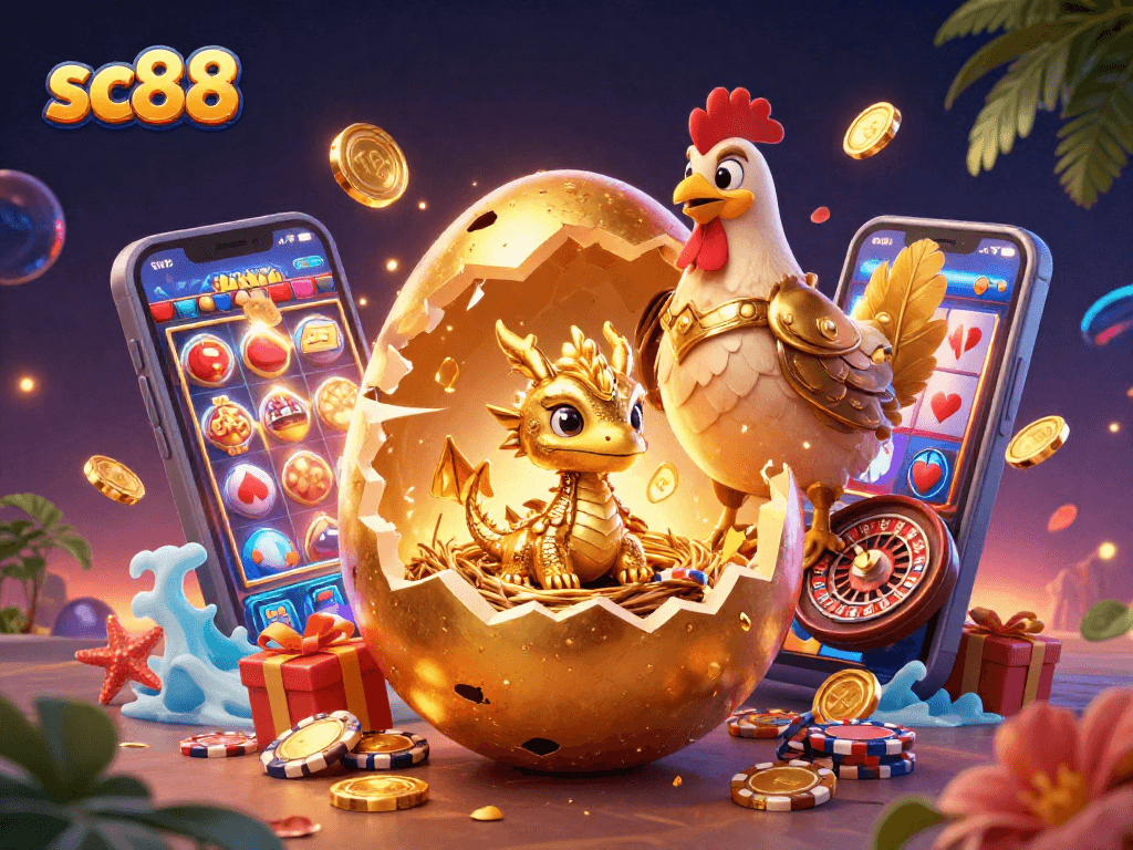 Spin the reels with sc88: A golden dragon emerges from luck-filled poker chips.