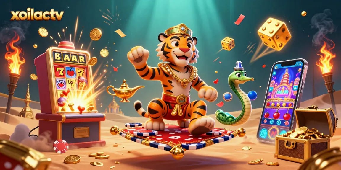 Xoilactv showcases an energetic depiction of a tiger sultan on a flying carpet amidst casino themes, encapsulating the thrill of gaming.