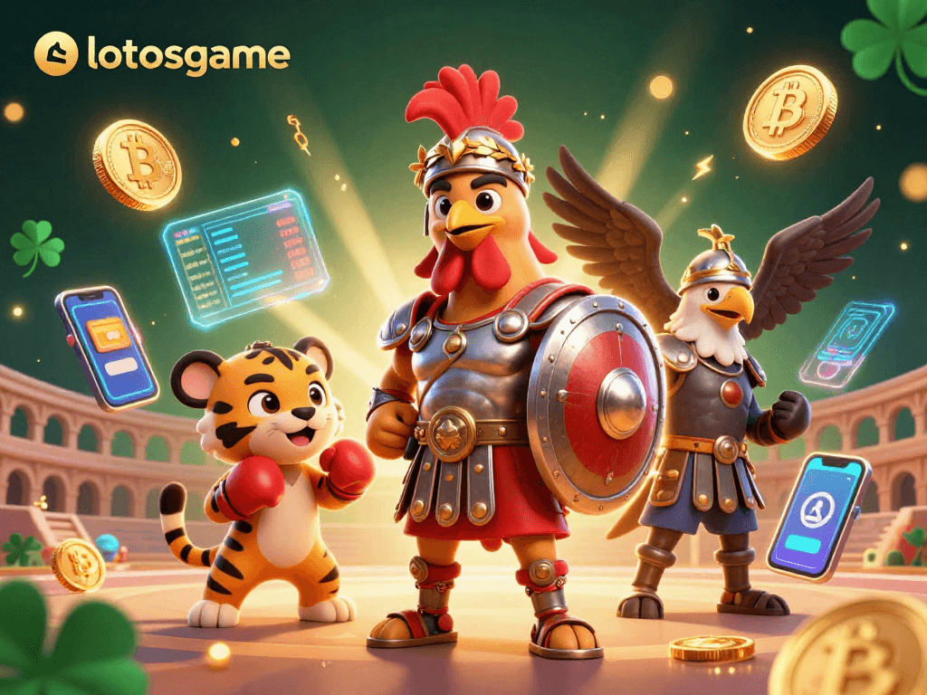 Experience the thrilling action of lotosgame with a vibrant illustration depicting a gladiator rooster, a sparring cub, and crypto elements.