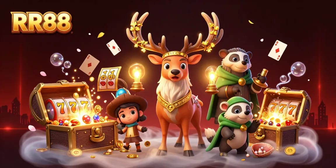 Spin for rewards at RR88, featuring a druid stag, badger, and enchanting slot games in this mystical casino scene.