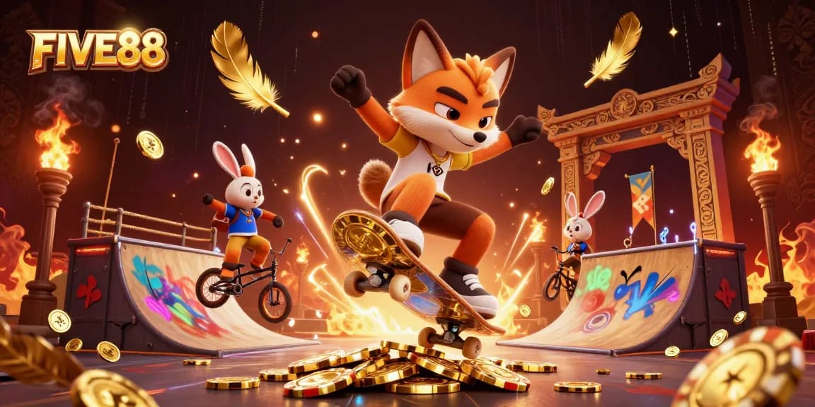 Experience dynamic gaming with FIVE88, featuring a fox and rabbit in action above golden poker chips.