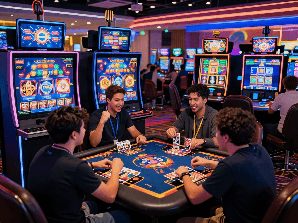 Players immersed in kebuntoto online gaming, celebrating wins in a vibrant virtual casino atmosphere.