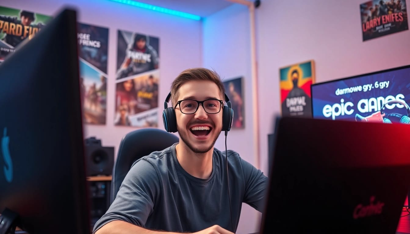 Wybieraj darmowe gry Epic Games przy biurku z zaawansowanym sprzętem gamingowym.