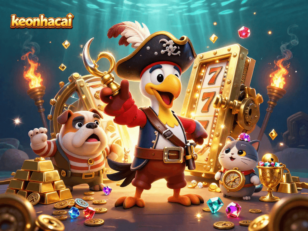 Engage in thrilling slot gameplay with keonhacai amidst a colorful pirate treasure hunt scene.