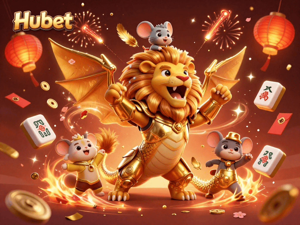Engage in thrilling gameplay at Hubet with a roaring chimera and exciting casino elements in a vibrant 3D scene.