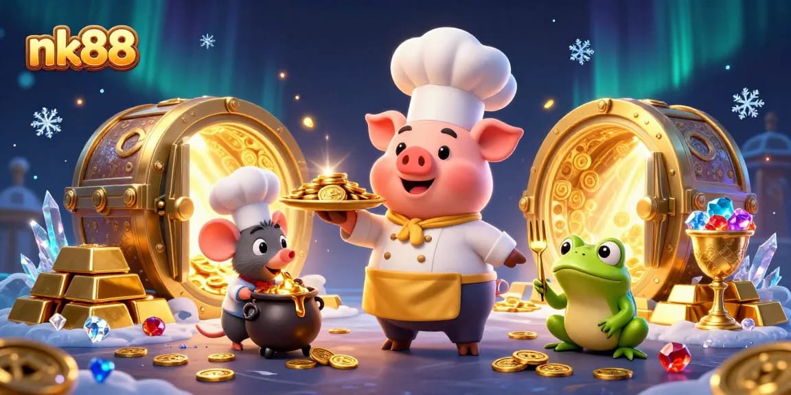 nk88 brings the thrill of online gaming to life with a vivid chef pig serving golden treasures.