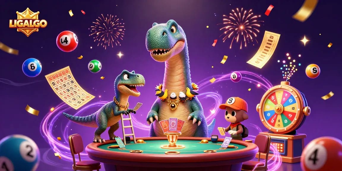 LIGALGO combines fun with strategy, featuring a playful brontosaurus and a raptor at a poker table.