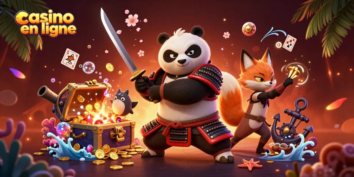 Découvrez les jeux captivants sur le casino en ligne avec un panda samouraï et un renard ninja.