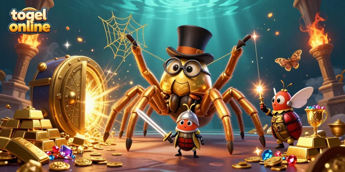 Experience thrilling togel online adventures with a brave beetle knight battling a golden tarantula.