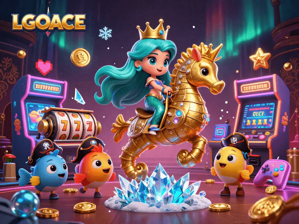 LGOACE showcases a thrilling 3D scene with a mermaid princess, seahorse, and vibrant arcade elements.