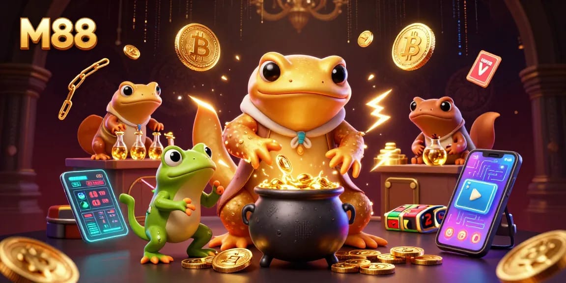 M88 delivers thrilling gameplay as cartoon characters craft golden coins amid neon slot reels and vibrant casino elements.