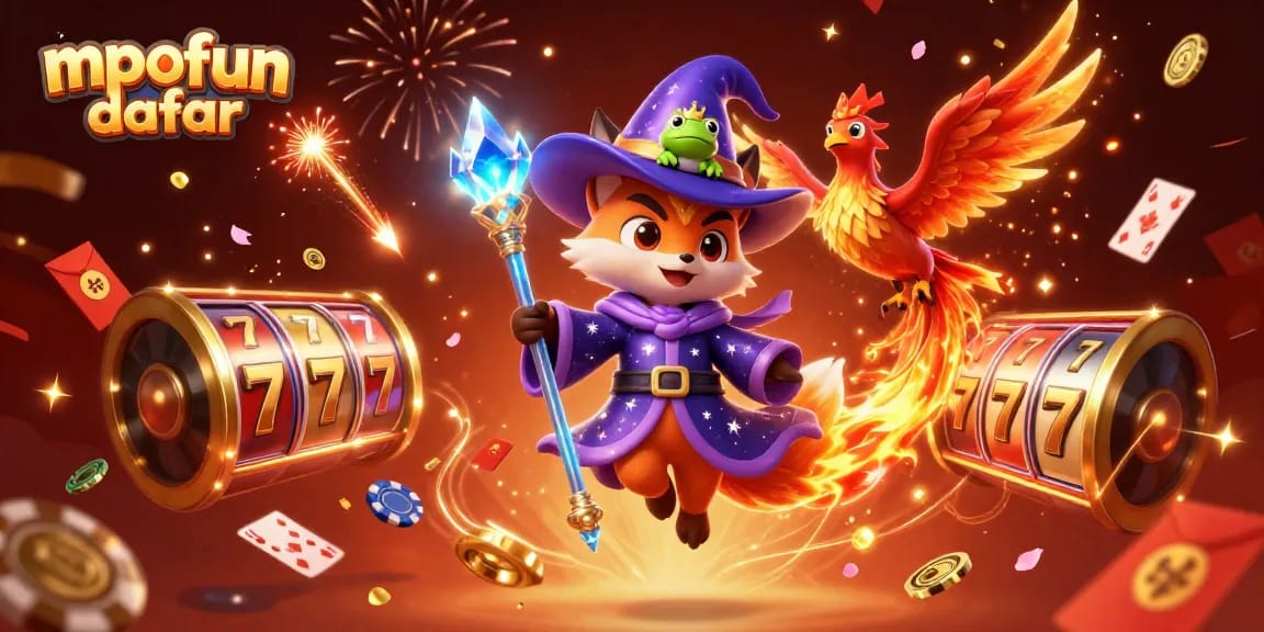 Play exciting slots with mpofun daftar featuring a dynamic scene of a mystical wizard fox and themed casino elements.