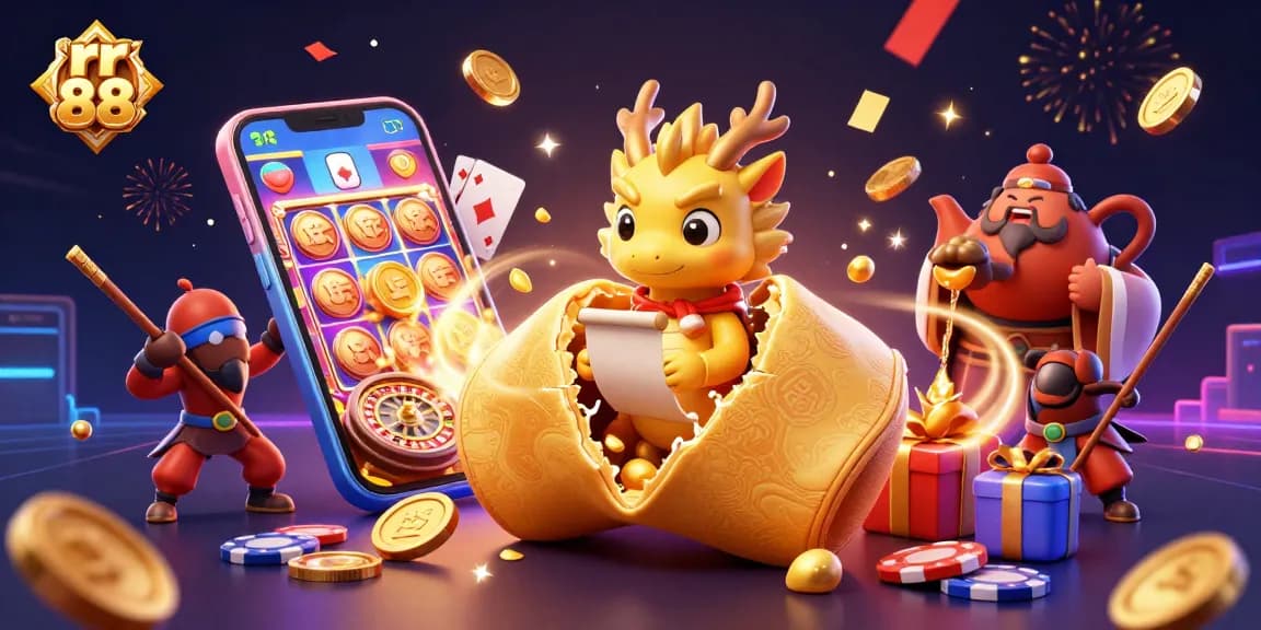 Experience the excitement of rr 88 with this vibrant casino-themed illustration, featuring a dragon and golden elements.