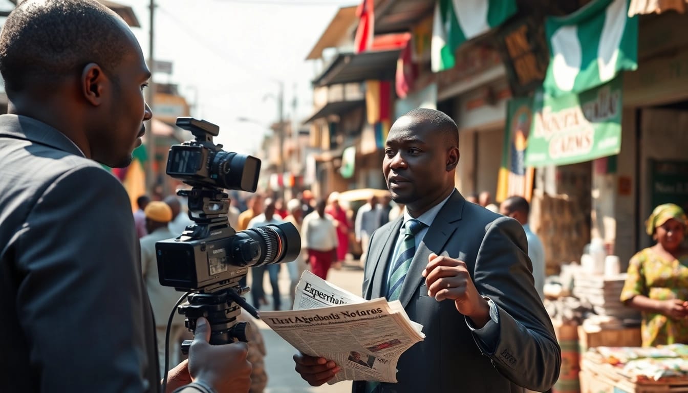Capture of a journalist reporting on Naija news with vibrant marketplace backdrop.
