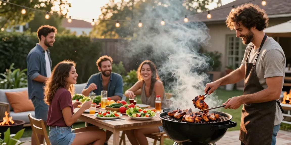 Suasana barbeque di halaman belakang dengan teman-teman menikmati hidangan BBQ dan kebahagiaan, elemen BOS88 termasuk makanan.