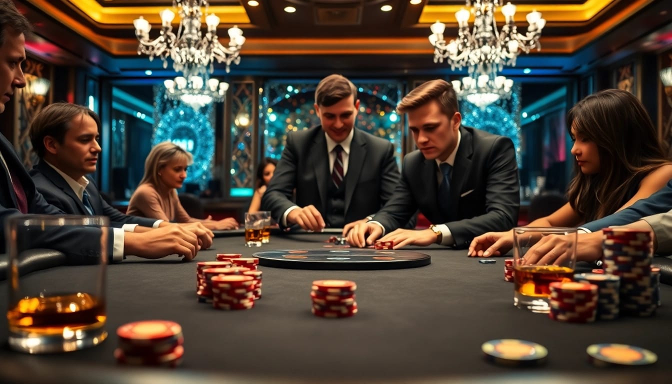 การเดิมพัน SBOBET บนโต๊ะโป๊กเกอร์หรูที่มีผู้เล่นและดีลเลอร์ในชุดสูท