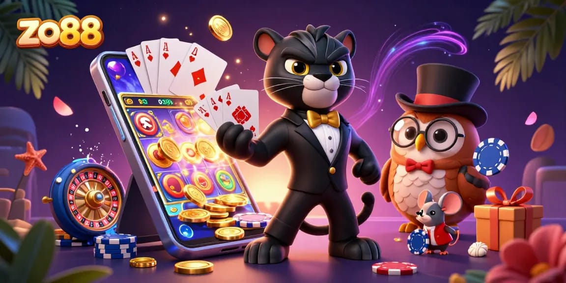 Experience thrilling gameplay at zo88 with an elegant panther dealer and charming casino friends.
