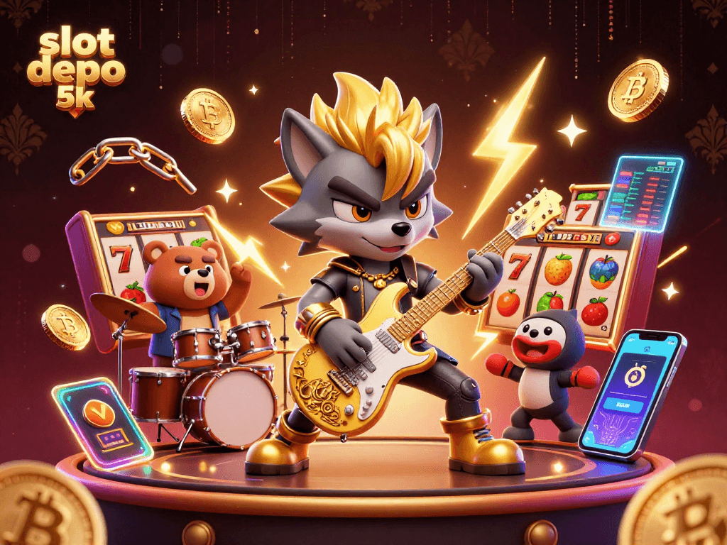 Engage with slot depo 5k in an electrifying casino scene featuring a rock star wolf and drummer bear.