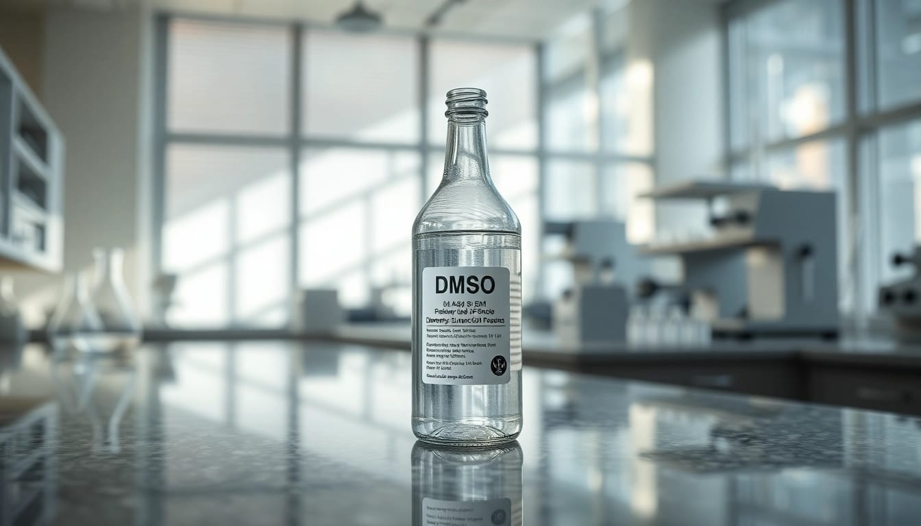 Highlighting dmso in a laboratory setting with a clear bottle and scientific instruments.