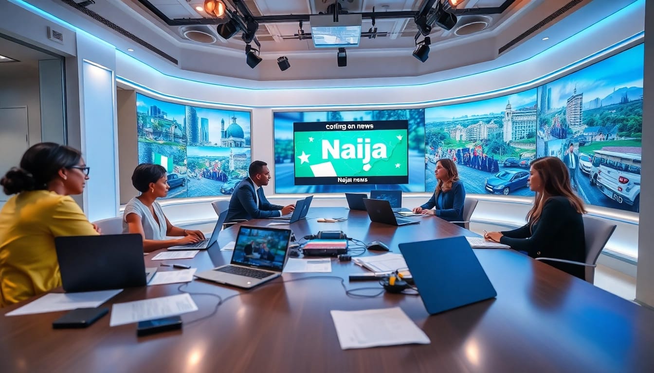 Reporters collaborating in a modern newsroom focused on Naija news, showcasing a lively discussion.