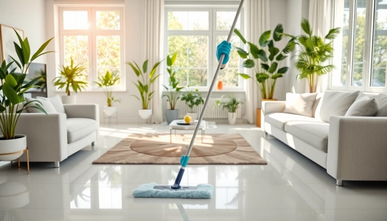 Bond cleaning professional meticulously cleaning a bright, organized living room.