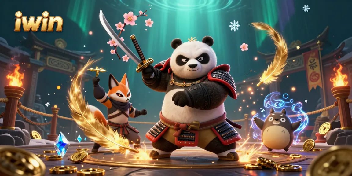 Experience thrilling action at iwin with a vibrant 3D casino scene featuring samurai and ninja characters.